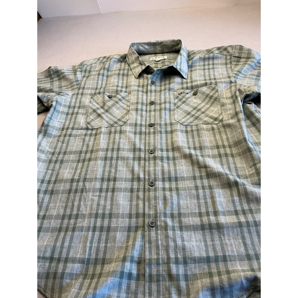 Orvis Short Sleeve Button Down Shirt Green Plaid Hiking Outdoor XXL Classic Fit